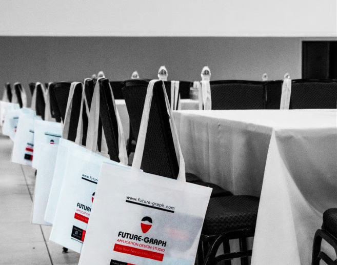 Future-Graph branded tote bags at industry exhibition