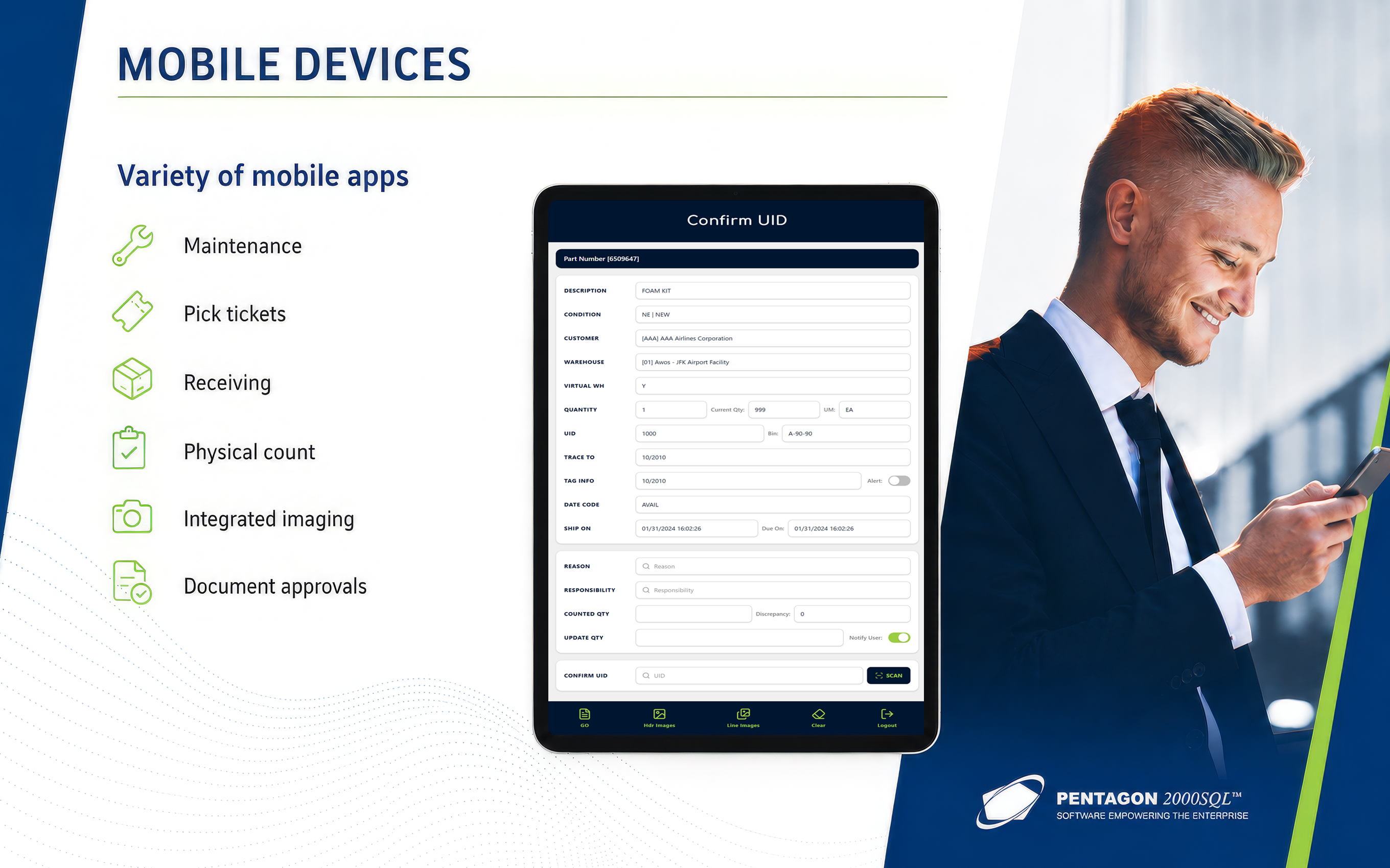 Company presentation slide showing mobile app features with a custom tablet mockup.