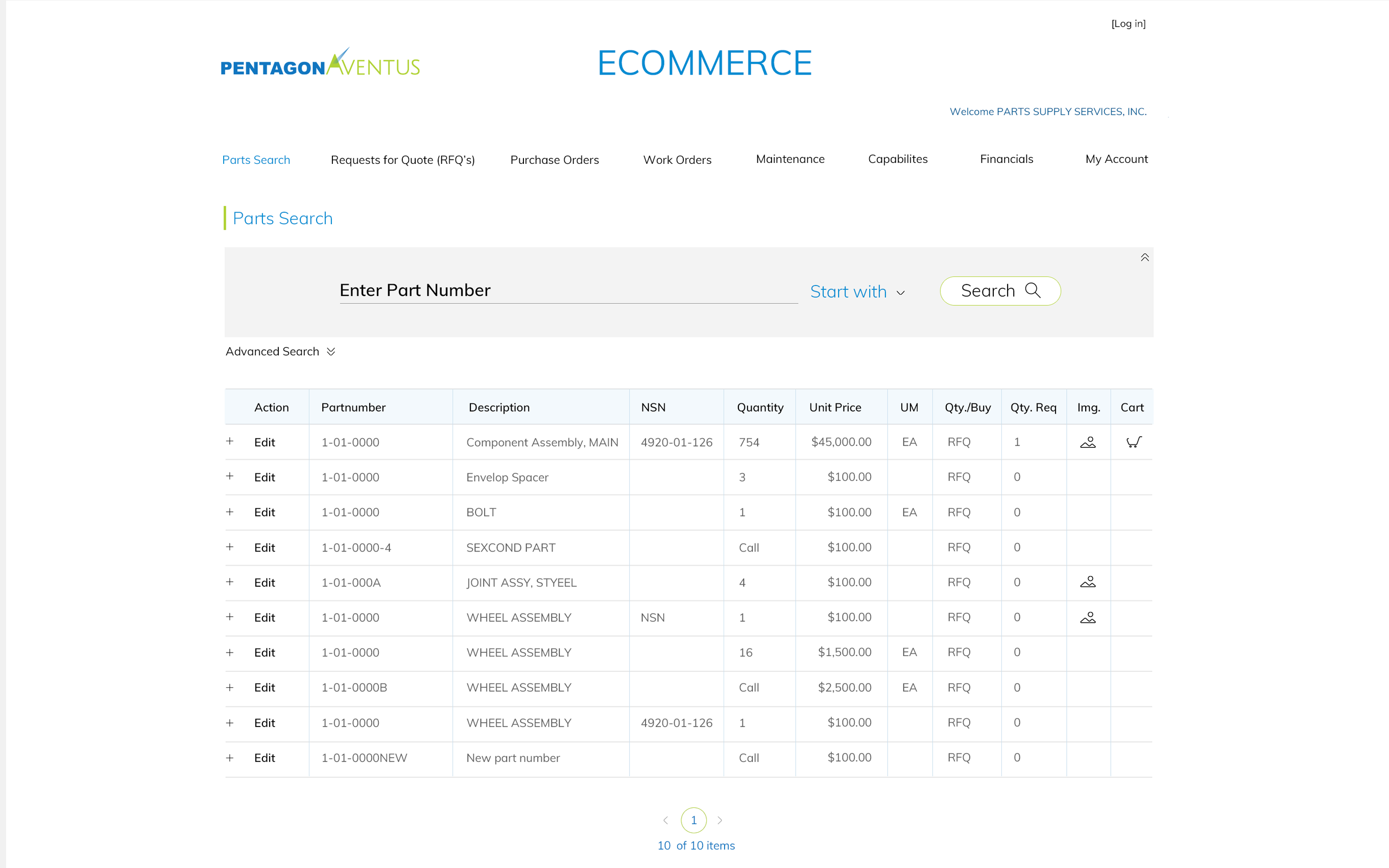 Pentagon Aventus ecommerce interface showing parts search, RFQ and order table.
