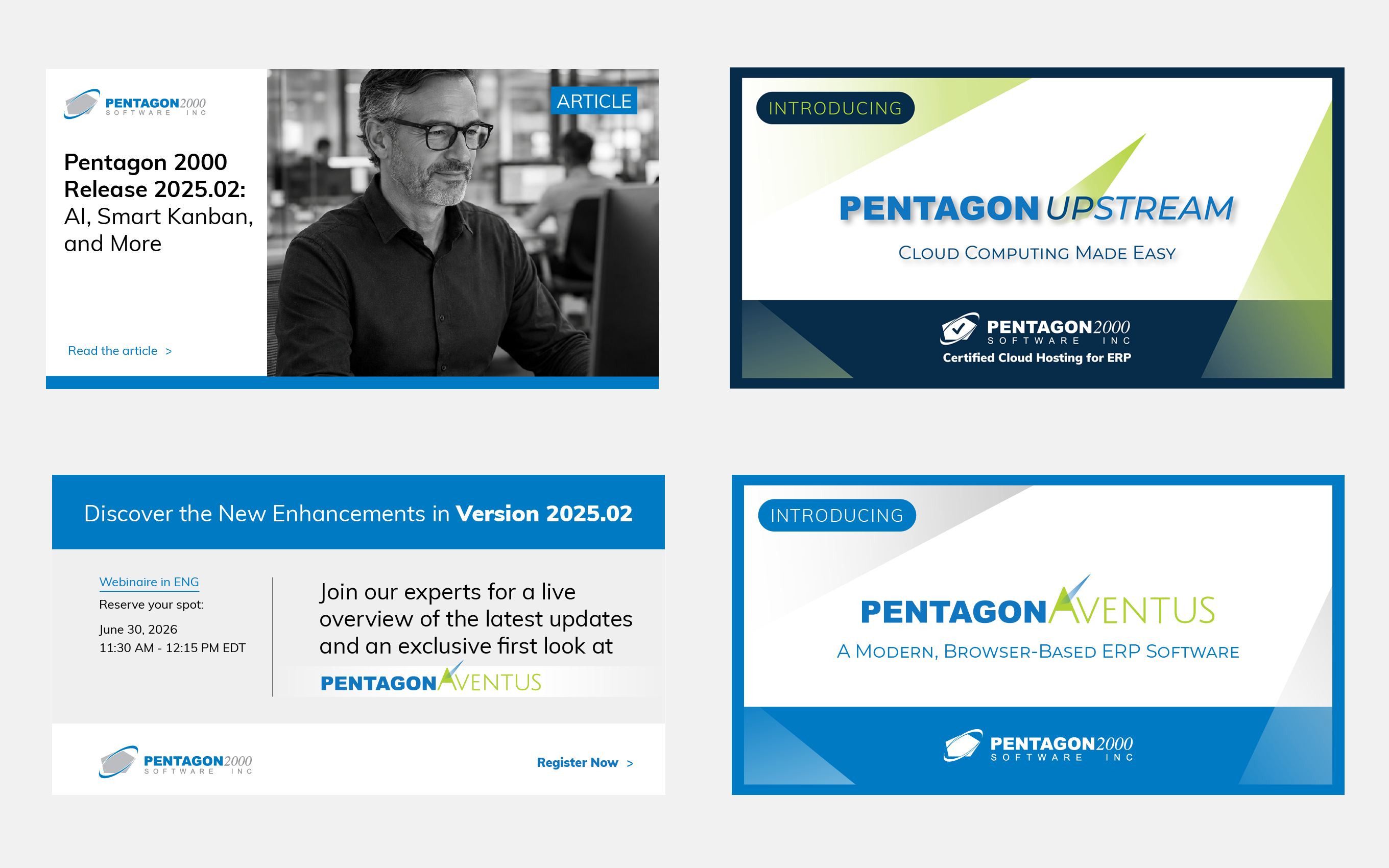 LinkedIn campaign graphics for Pentagon 2000 software releases, webinars and product announcements.
