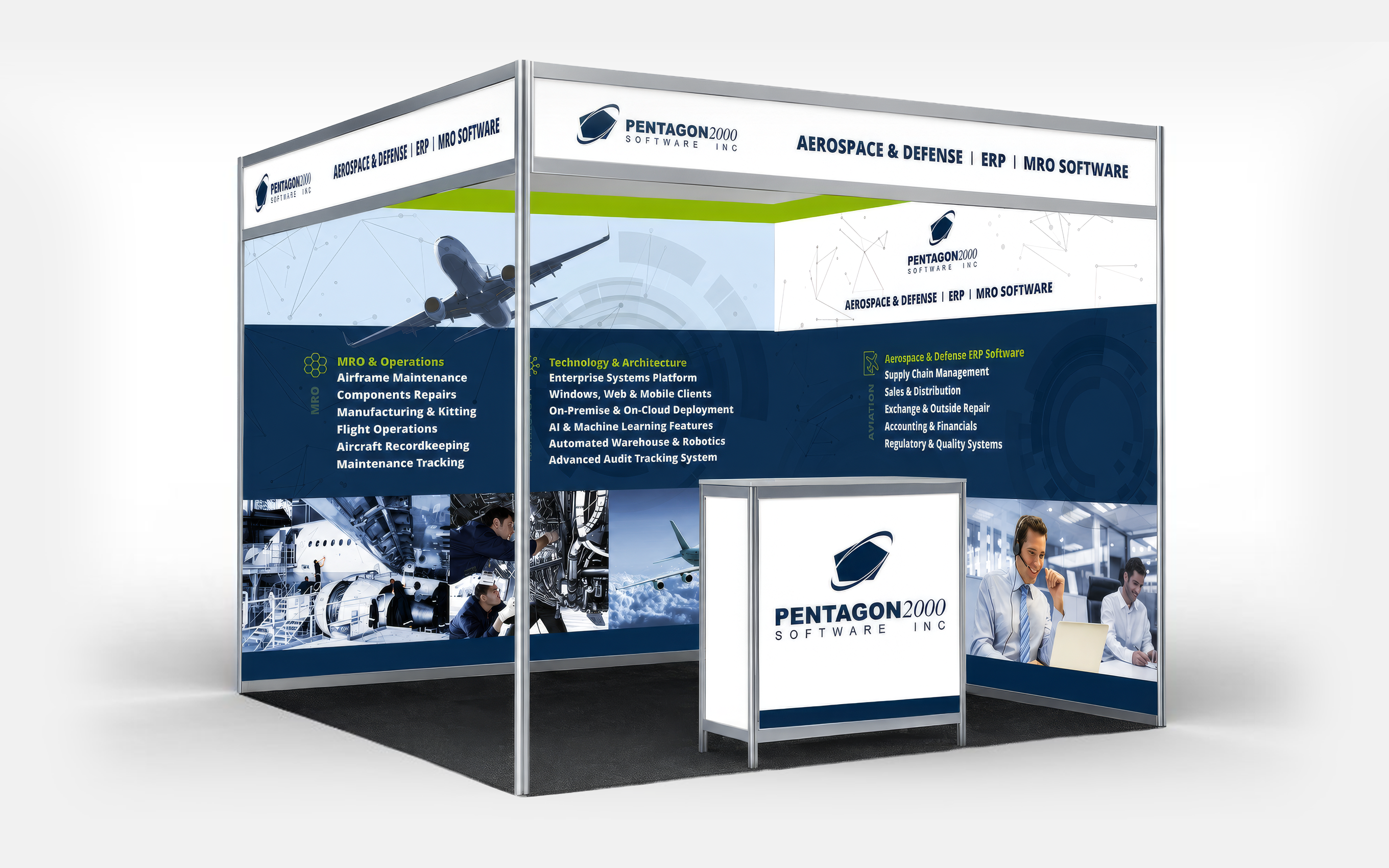 Exhibition booth design mockup for Pentagon 2000 with branded wall graphics and counter.